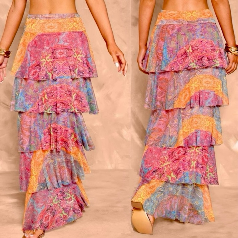 PRETTYLITTLETHING Boho Maxi Skirt Patchwork Printed Mesh Boho Multi US 8 NWT